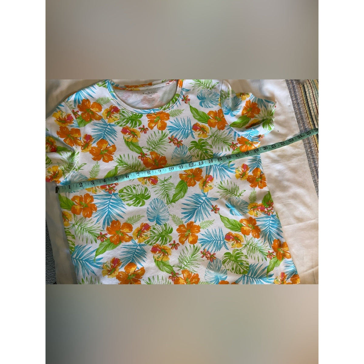 Kim Rogers Tropical Floral Short Sleeve Tee in White, Orange & Blue