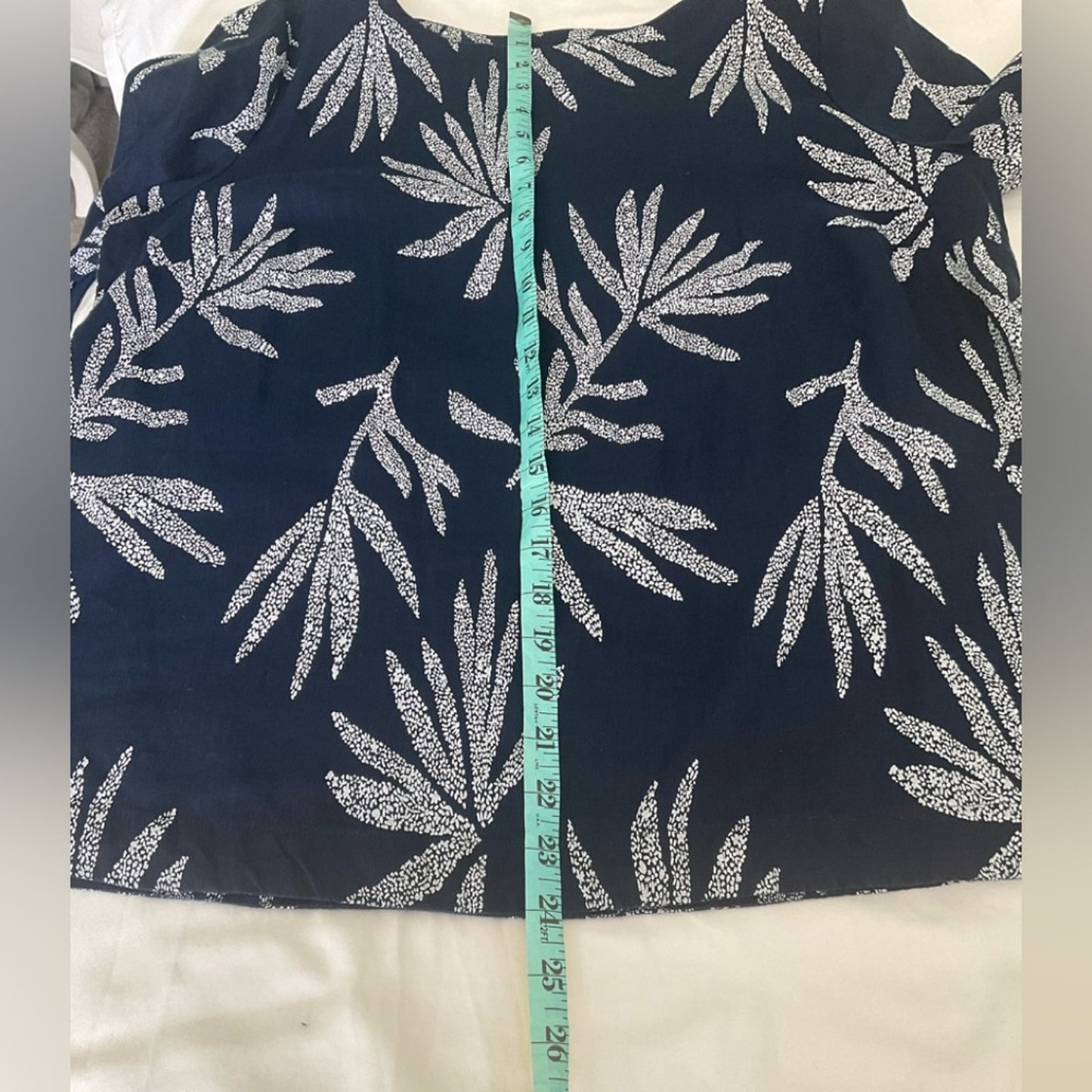 Charter Club Linen Navy Blue Leaf Print Blouse