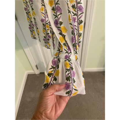 BEYOND by Vera White Floral Ruffle-Trim Blouse in Purple & Yellow