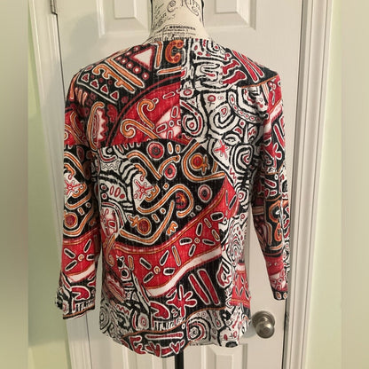 Ruby Rd. Top - black, white and red geometric print - 3/4 sleeve