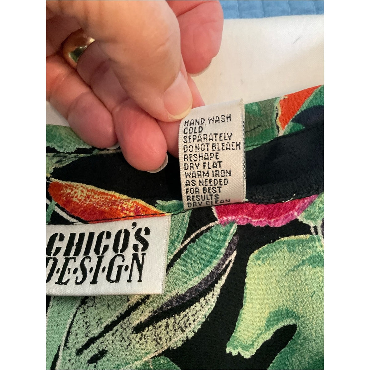 Chico's Black Tropical Floral Button-Down Shirt with Green & Red Print