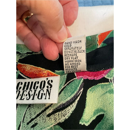 Chico's Black Tropical Floral Button-Down Shirt with Green & Red Print