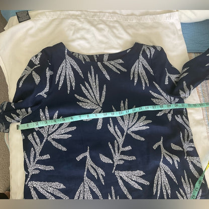 Charter Club Linen Navy Blue Leaf Print Blouse