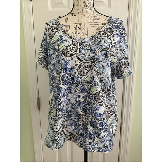 Talbots Blue and White Paisley V-Neck Short Sleeve Top