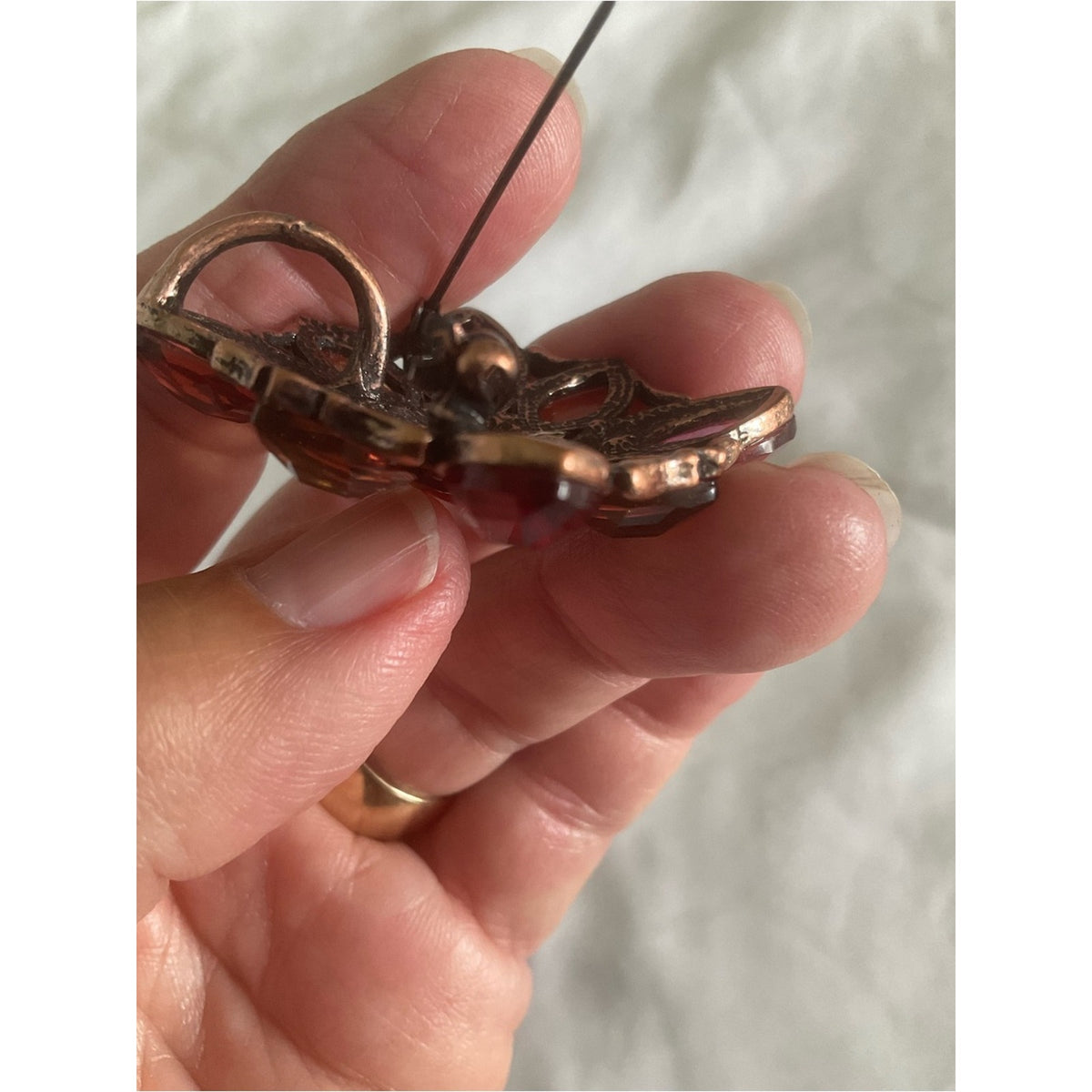 Faceted Amber & Plum Rhinestone Flower Brooch