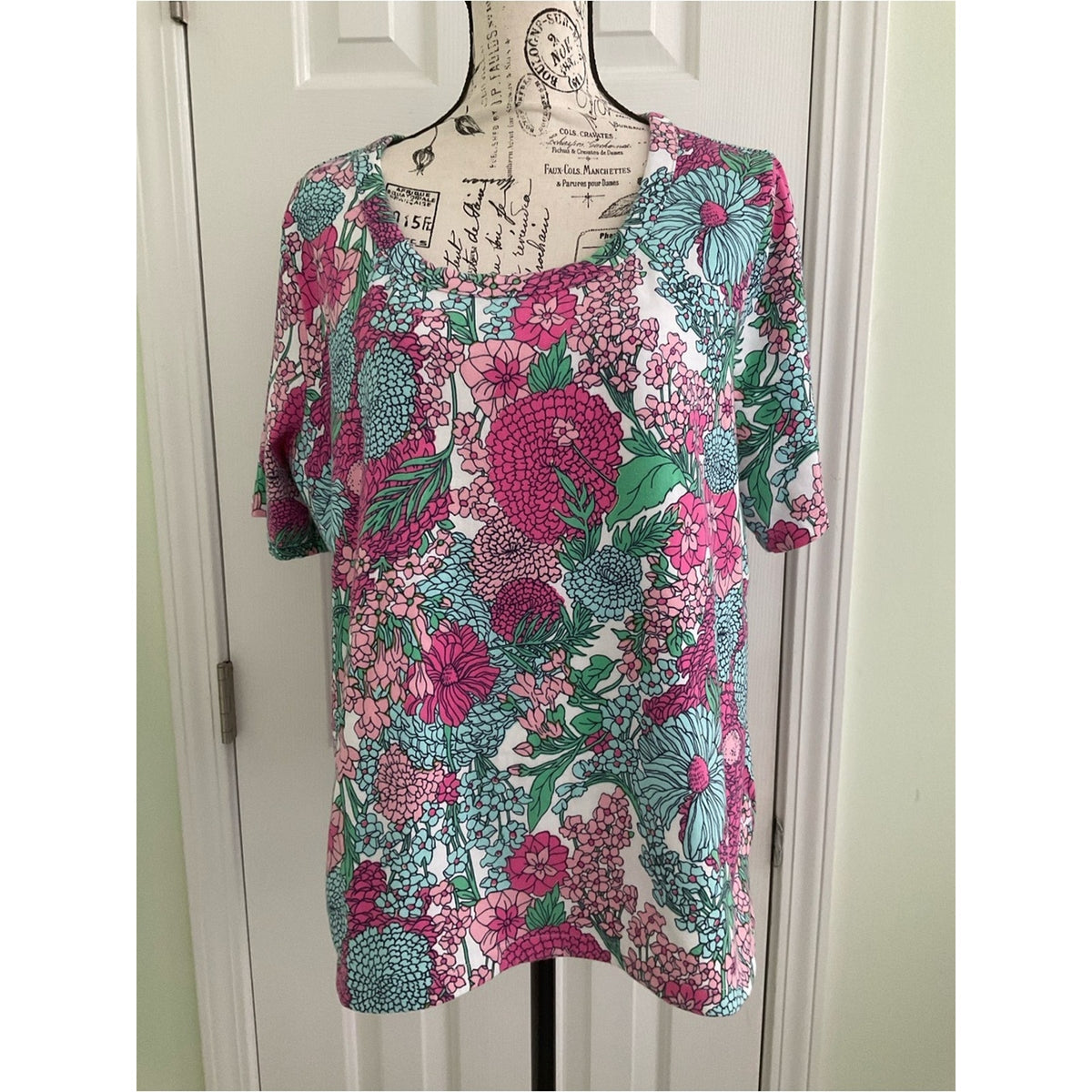 Talbots Pink & Teal Floral Short Sleeve Top