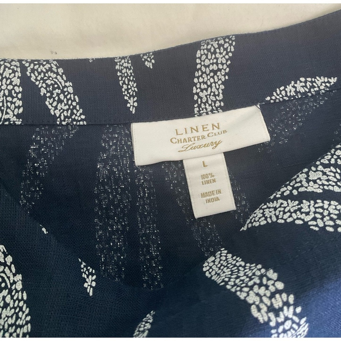 Charter Club Linen Navy Blue Leaf Print Blouse