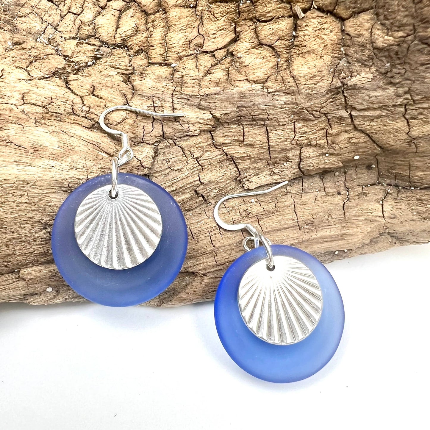 Jackie Gallagher Designs - Handmade Coastal Jewelry - Cultured glass with sunburst earrings: Cobalt