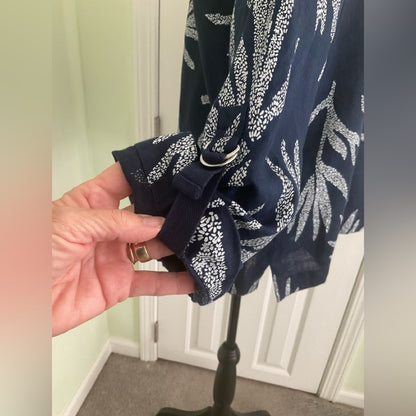 Charter Club Linen Navy Blue Leaf Print Blouse