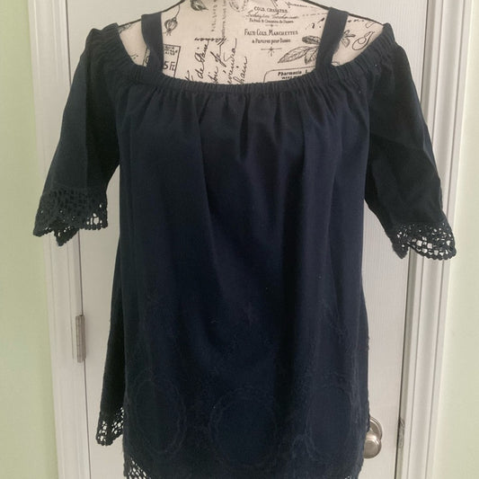Crown & Ivy Navy Blouse with Lace Accents