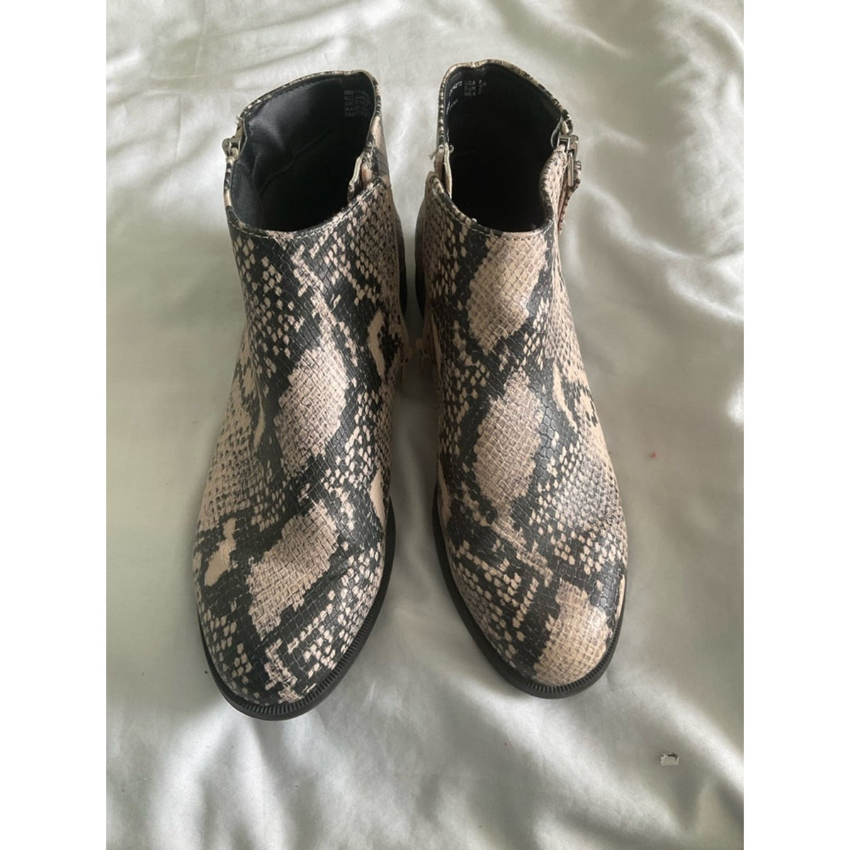 Time and Tru Snake-Print Ankle Booties in Beige and Black