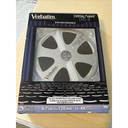 VERBATIM 3-Pack of DVD-R 4X 4.7GB DIGITAL MOVIE 120 Minute DVDs BLANK REELS