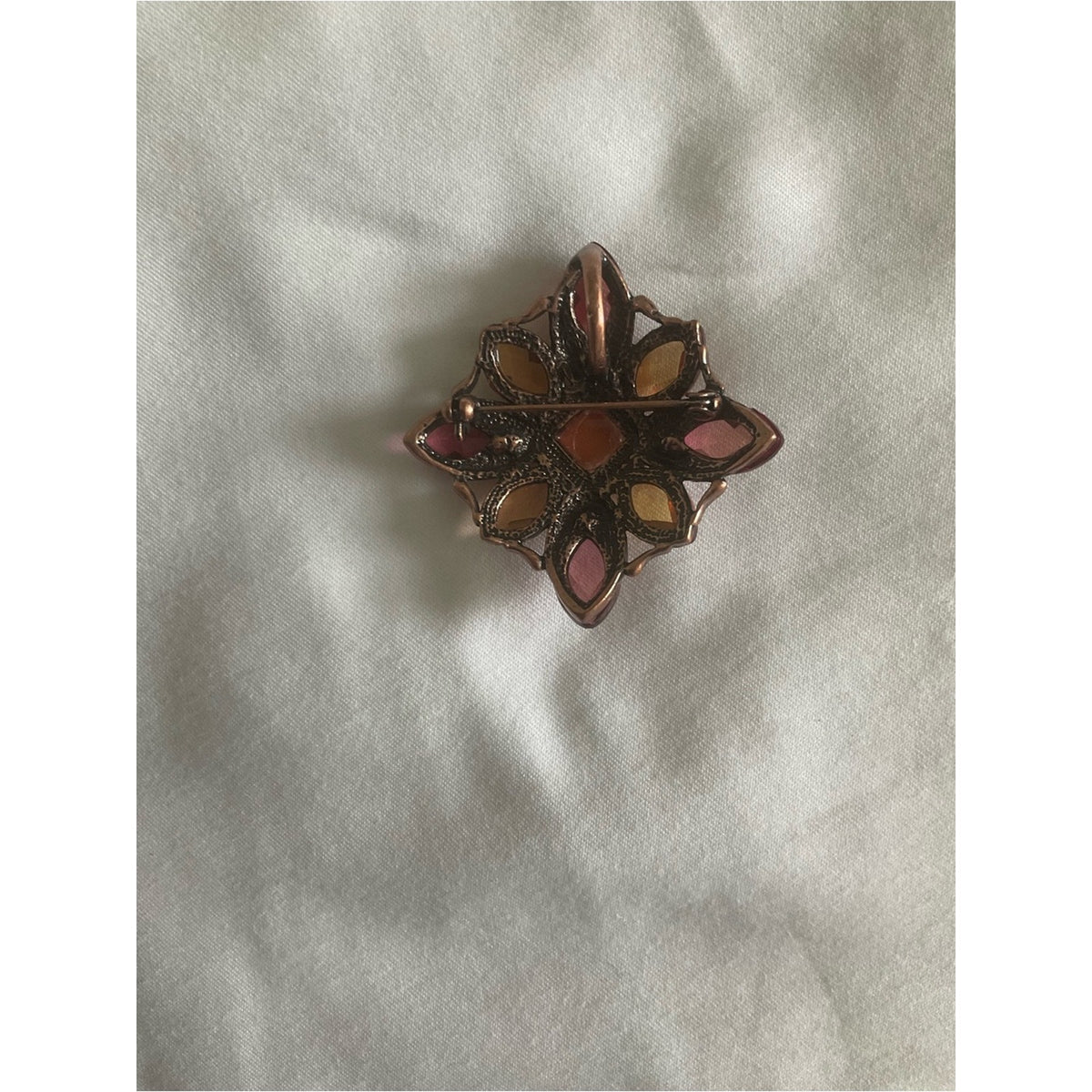 Faceted Amber & Plum Rhinestone Flower Brooch