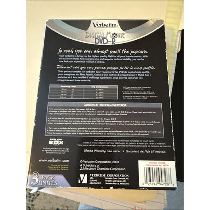 VERBATIM 3-Pack of DVD-R 4X 4.7GB DIGITAL MOVIE 120 Minute DVDs BLANK REELS