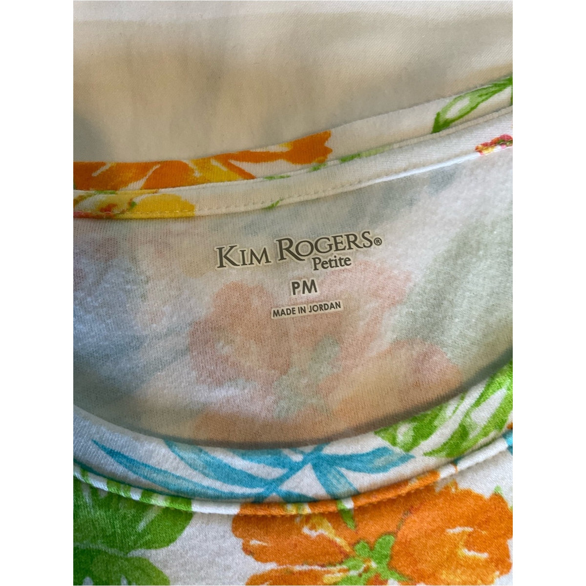 Kim Rogers Tropical Floral Short Sleeve Tee in White, Orange & Blue