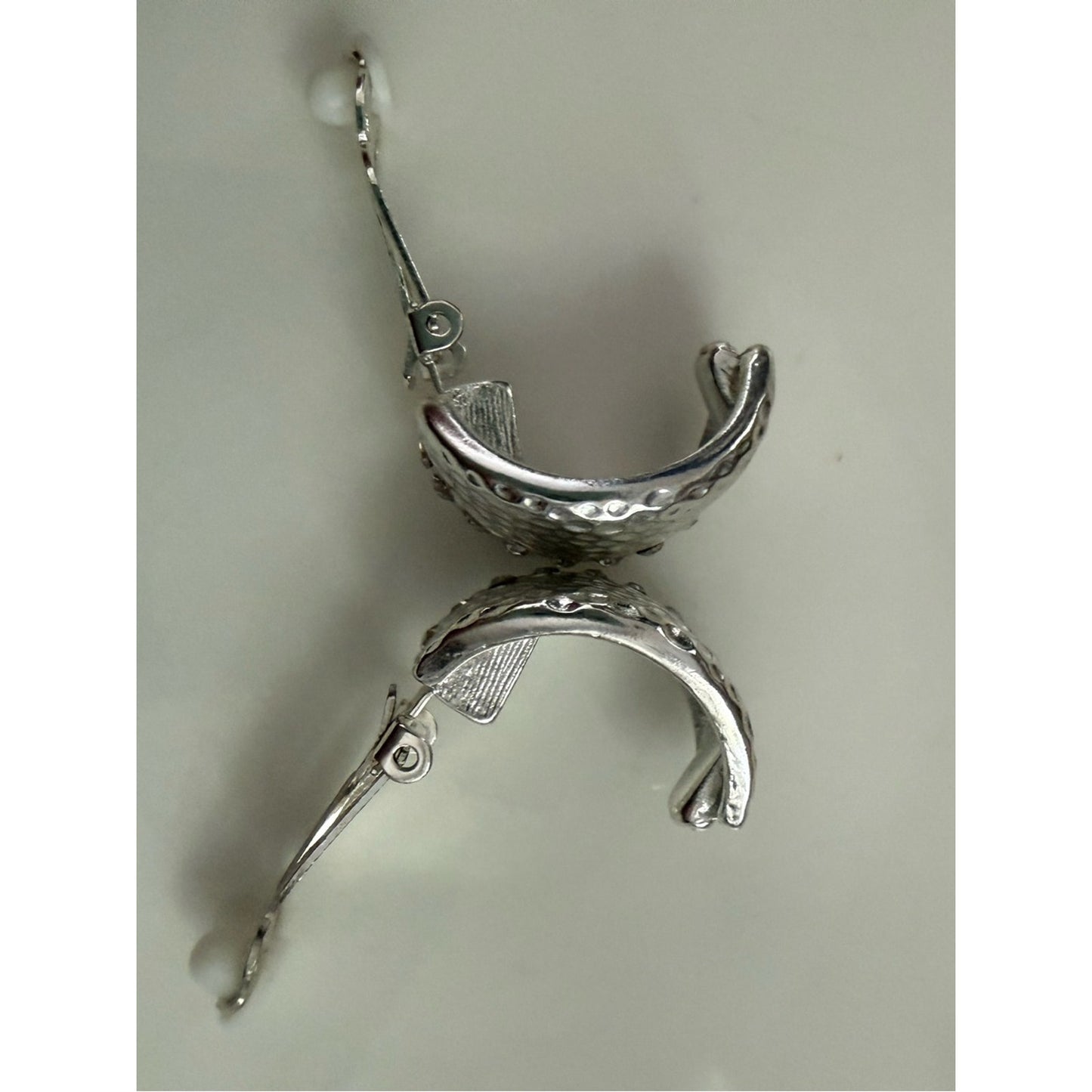 Vintage Hammered Silver Tone Clip-On Earrings with Crystal Accents