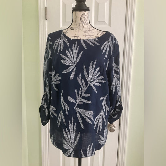 Charter Club Linen Navy Blue Leaf Print Blouse