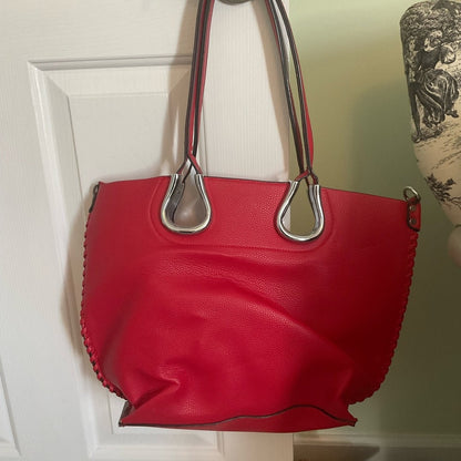 Red Handbag with silver studs and silver trim