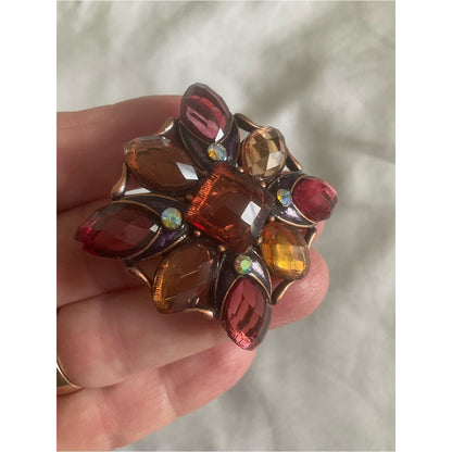 Faceted Amber & Plum Rhinestone Flower Brooch