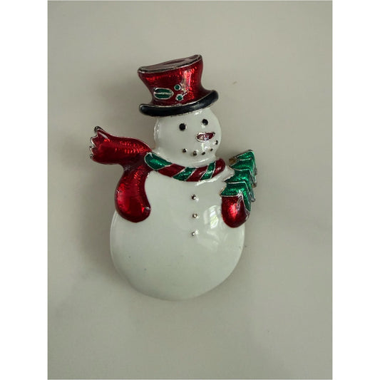 Vintage Festive Snowman Holiday Brooch - Red & Green