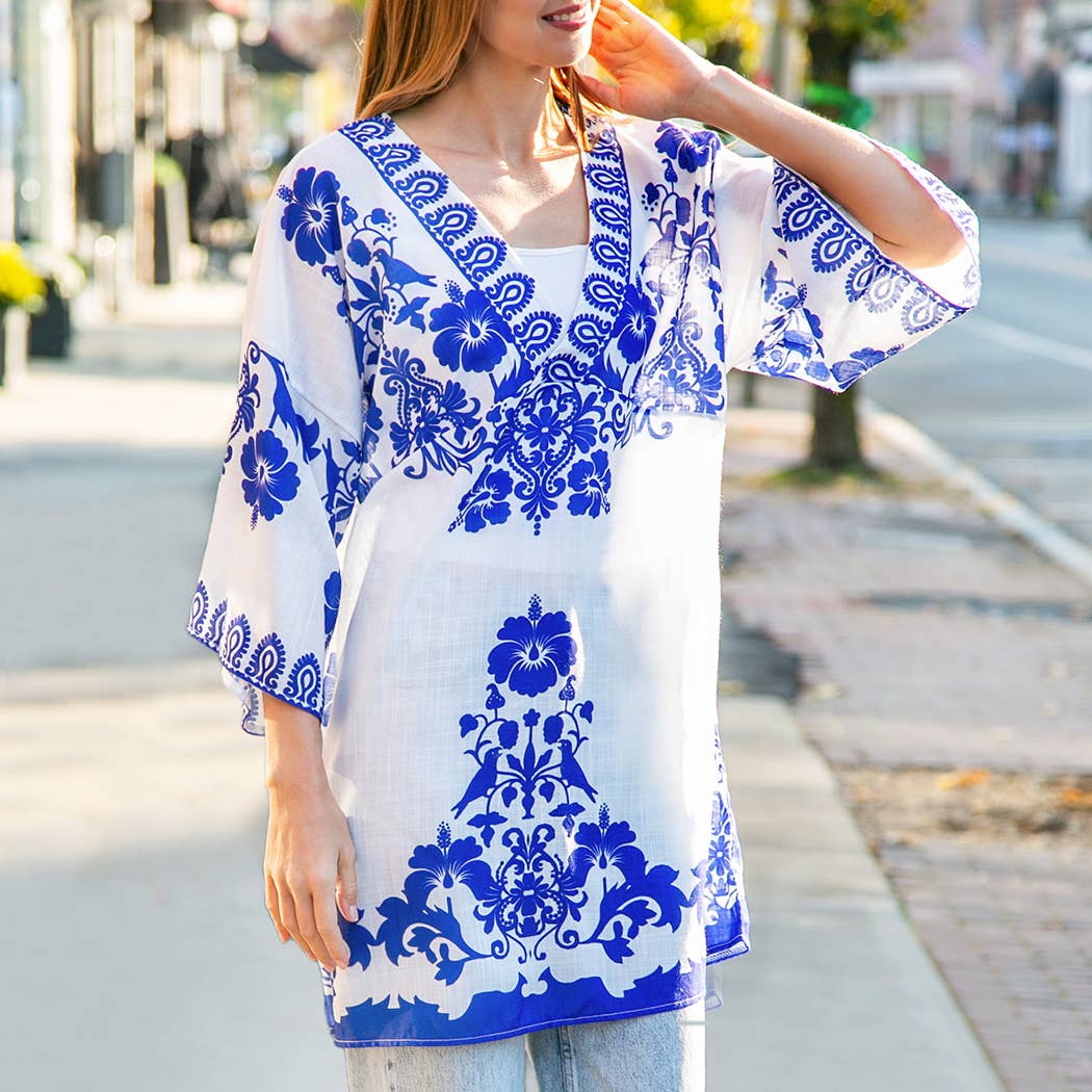 Fashion City - Floral Print Summer Cover-Up Dress: ONE SIZE / Blue
