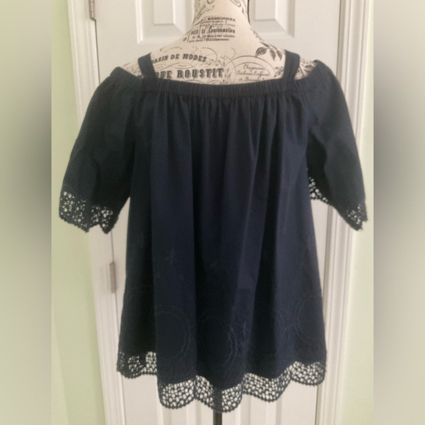 Crown & Ivy Navy Blouse with Lace Accents