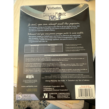Verbatrim 3PK DVD+R Digital Movie 4.7GB 120 Minutes 4X w/ Super Jewel Box Case