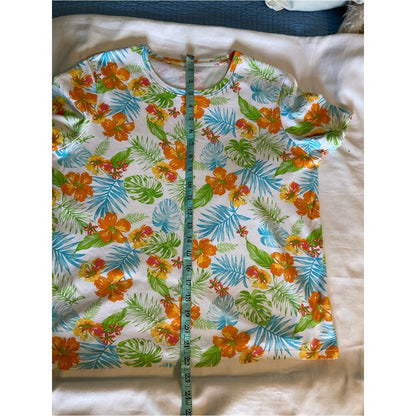 Kim Rogers Tropical Floral Short Sleeve Tee in White, Orange & Blue