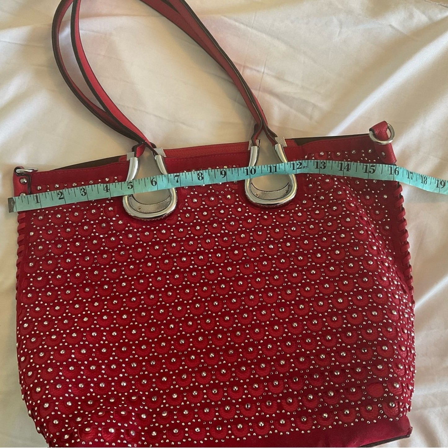 Red Handbag with silver studs and silver trim