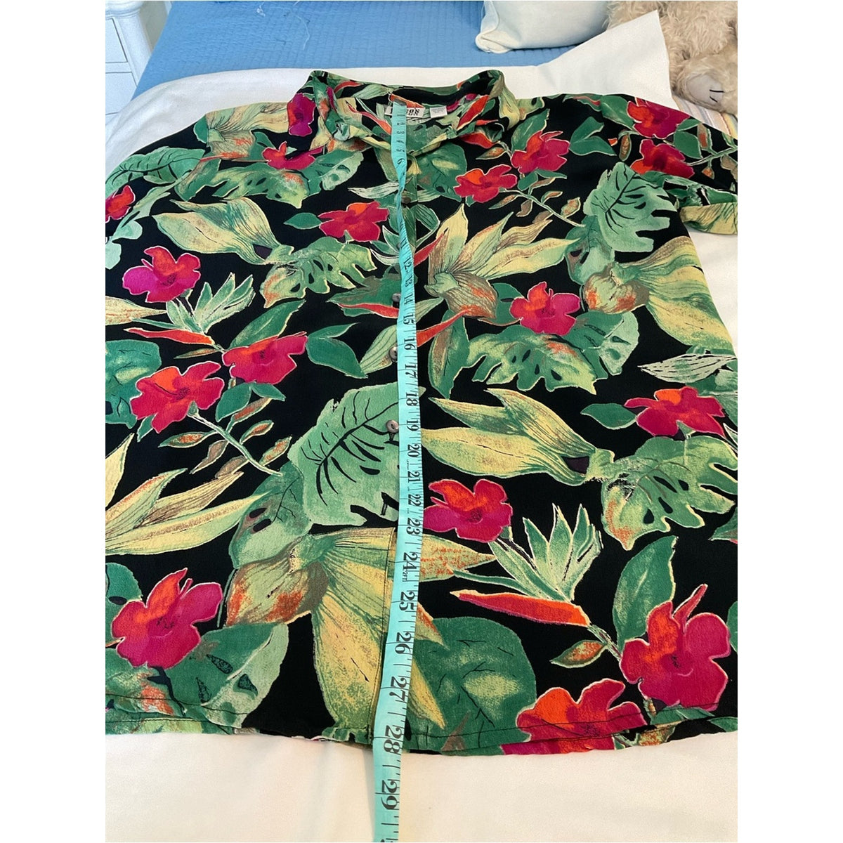Chico's Black Tropical Floral Button-Down Shirt with Green & Red Print