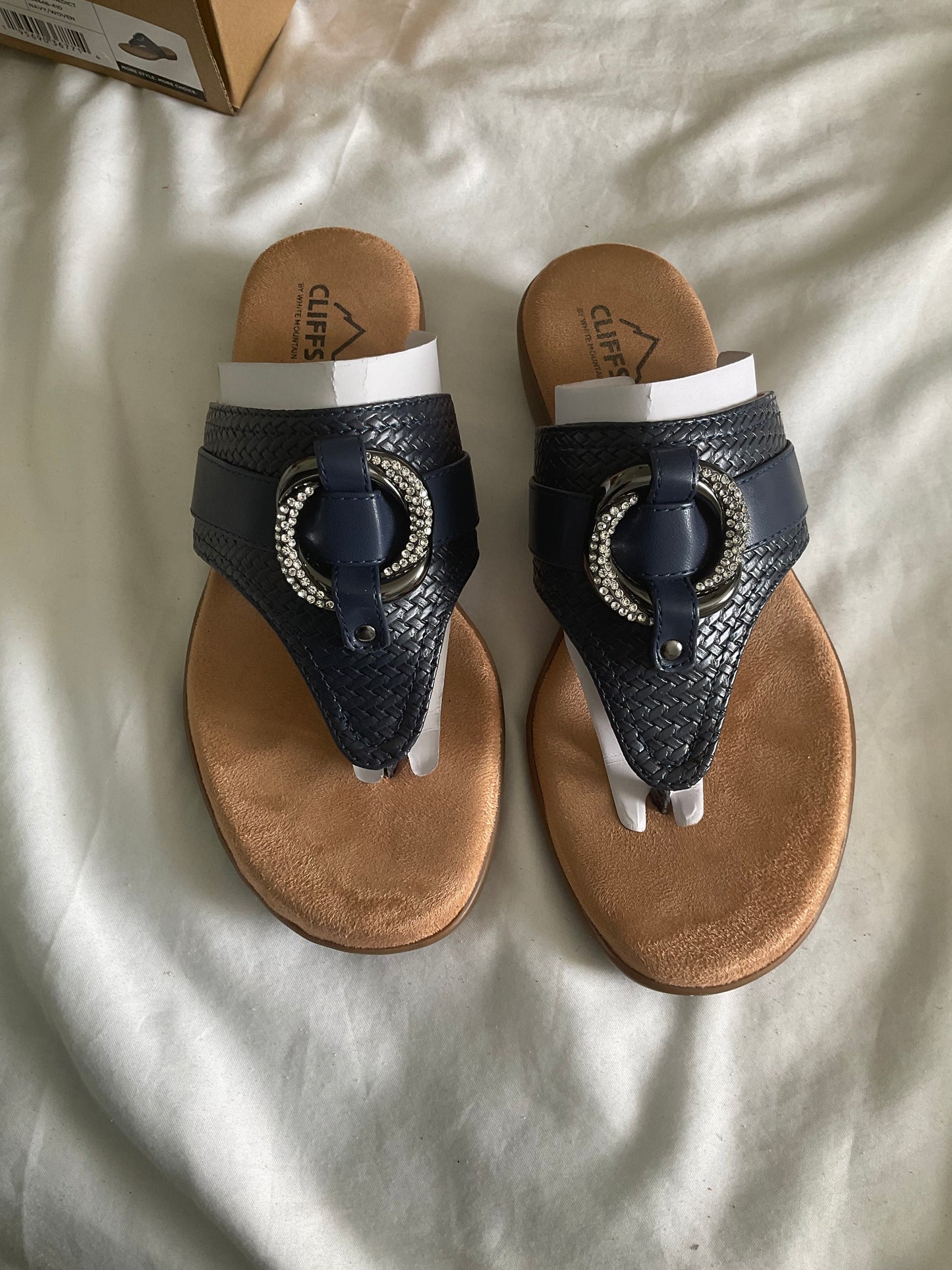 Cliffs by WHITE MOUNTAIN Navy Braided Thong Sandals with Rhinestone Ring Accent