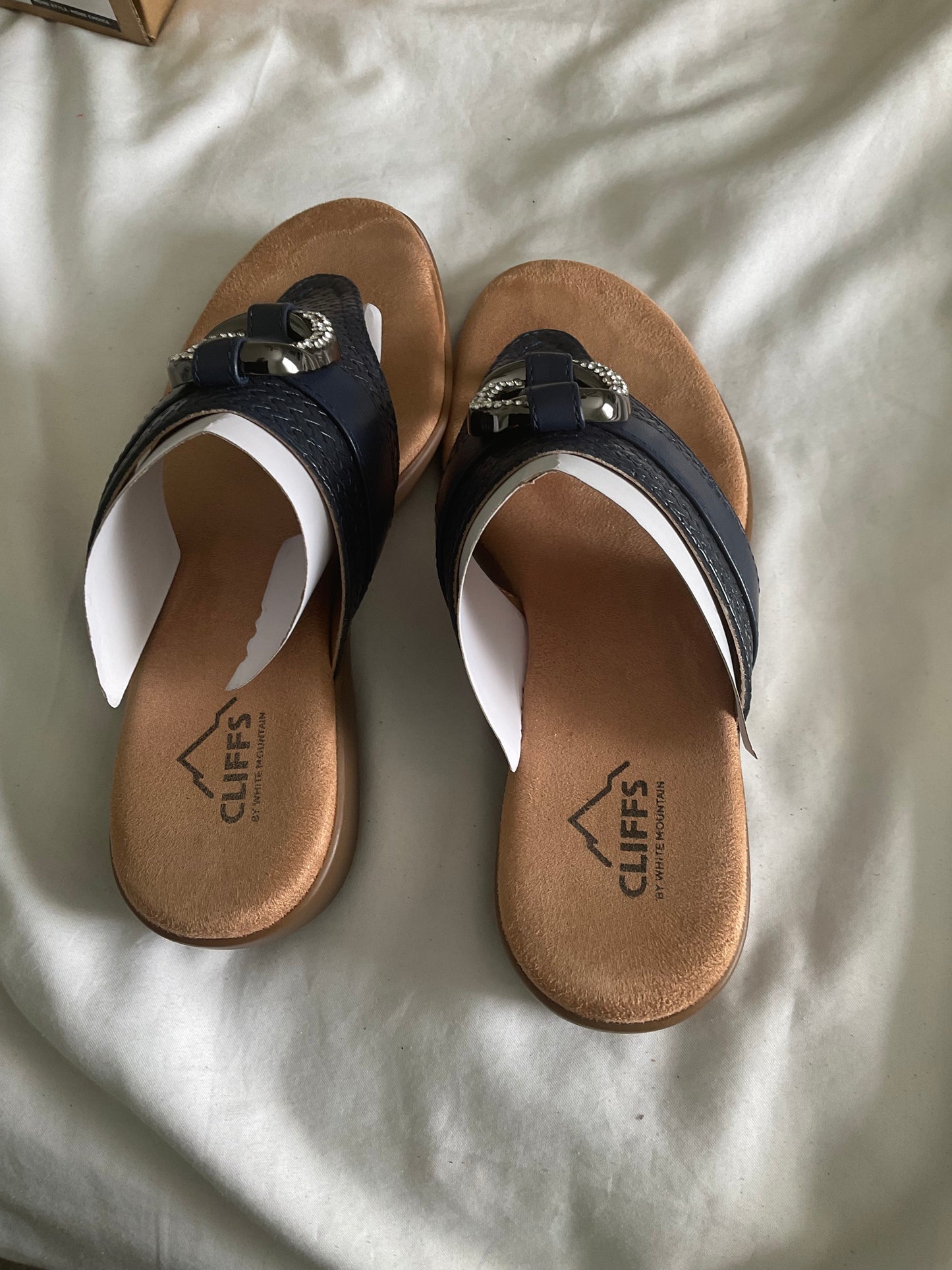 Cliffs by WHITE MOUNTAIN Navy Braided Thong Sandals with Rhinestone Ring Accent