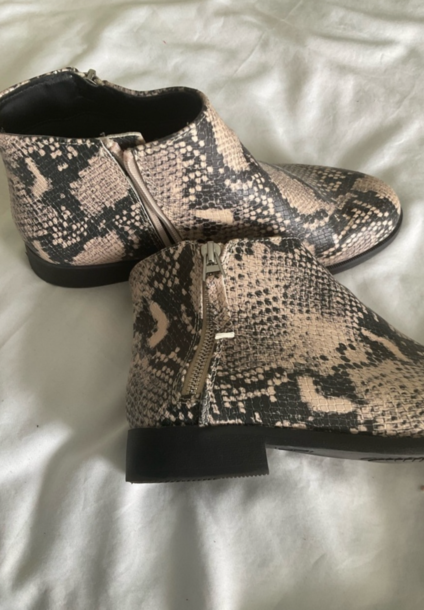 Time and Tru Snake-Print Ankle Booties in Beige and Black Good