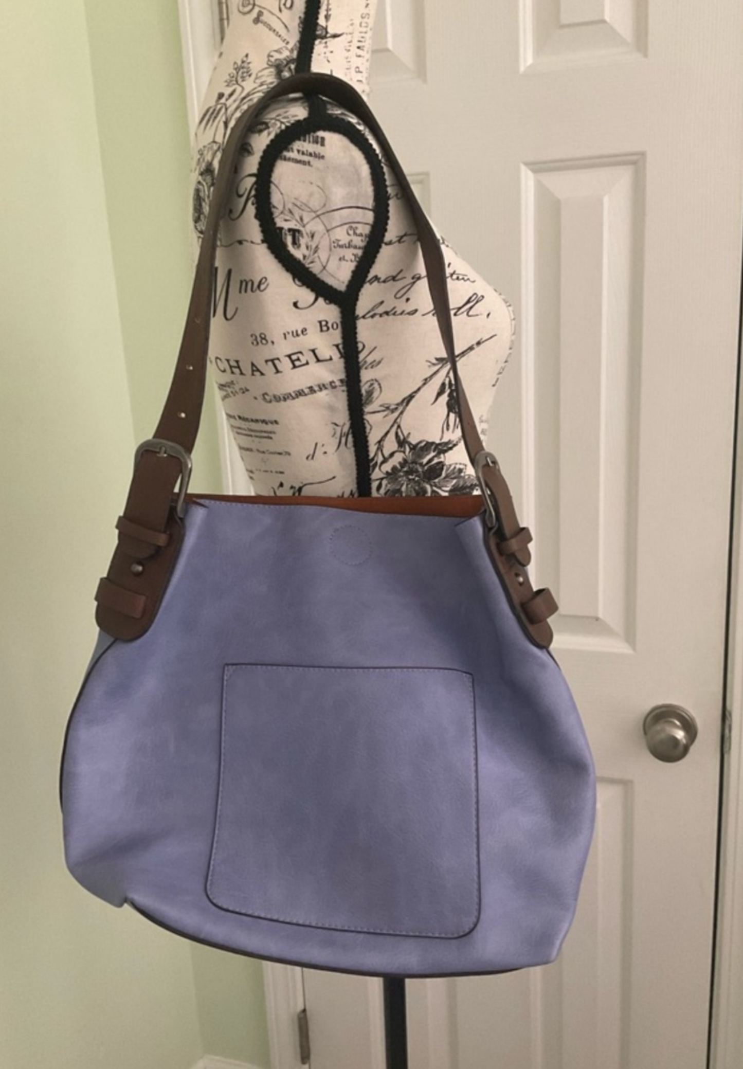 Lavender Shoulder Tote with Brown Strap Accents