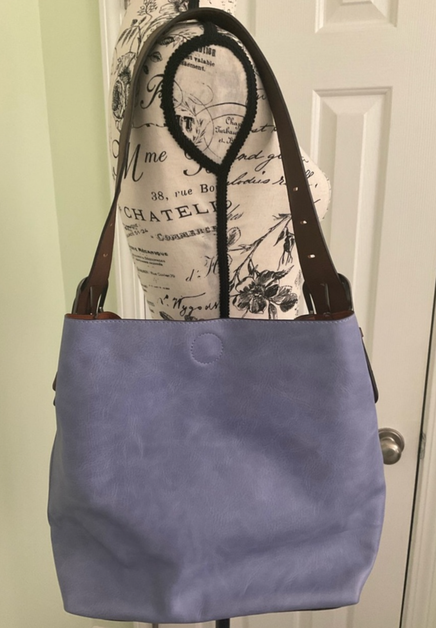 Lavender Shoulder Tote with Brown Strap Accents