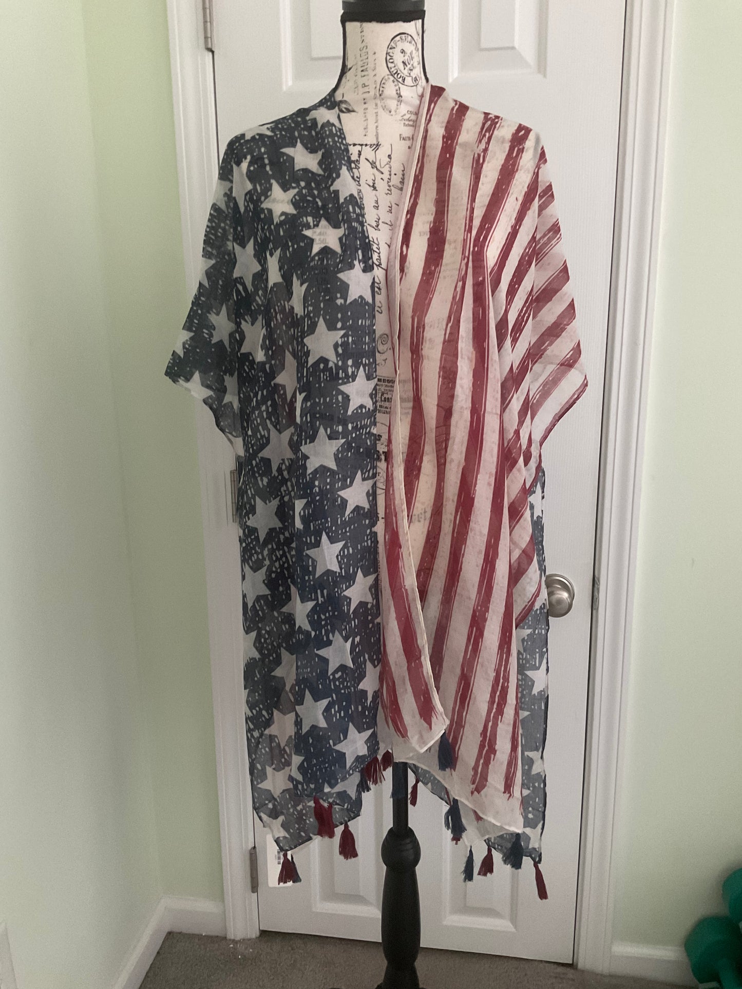 Fashion City - American USA Flag Beach Cover up Poncho w Fringes: One Size / NAVY