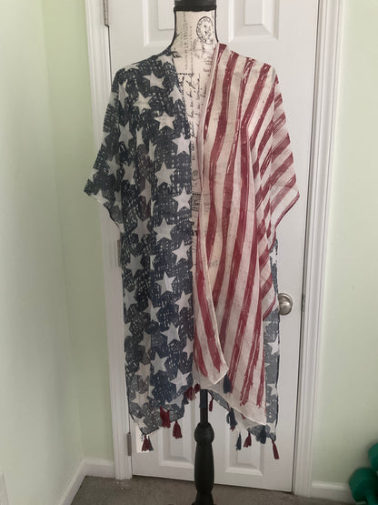 Fashion City - American USA Flag Beach Cover up Poncho w Fringes: One Size / NAVY