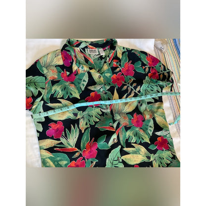 Chico's Black Tropical Floral Button-Down Shirt with Green & Red Print