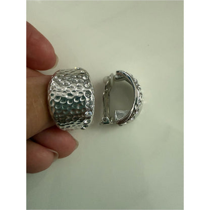 Vintage Hammered Silver Tone Clip-On Earrings with Crystal Accents