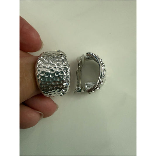 Vintage Hammered Silver Tone Clip-On Earrings with Crystal Accents