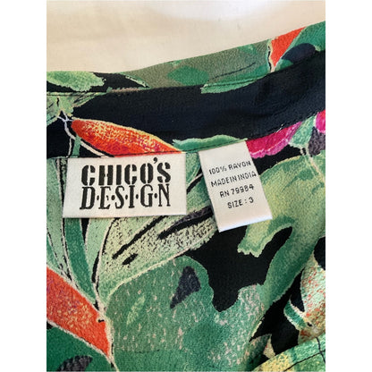 Chico's Black Tropical Floral Button-Down Shirt with Green & Red Print