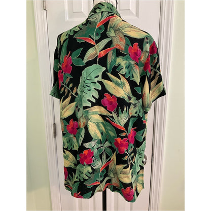 Chico's Black Tropical Floral Button-Down Shirt with Green & Red Print