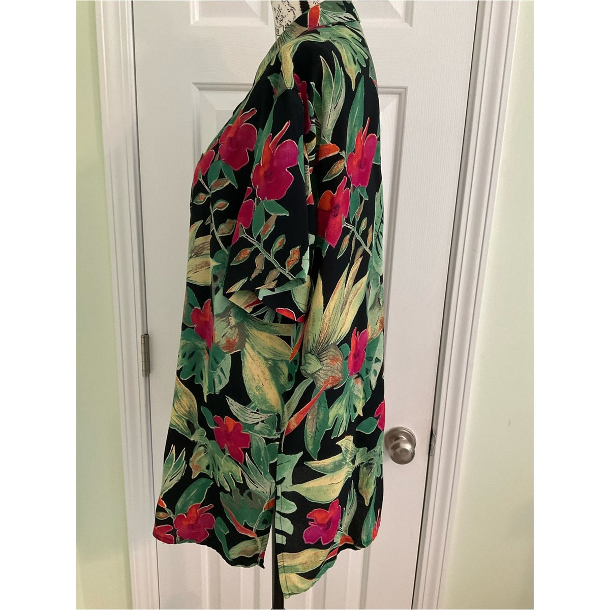 Chico's Black Tropical Floral Button-Down Shirt with Green & Red Print