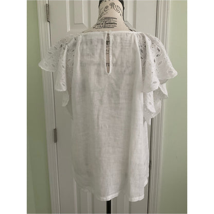 Charter Club White Eyelet Flutter Sleeve V-Neck Linen Top
