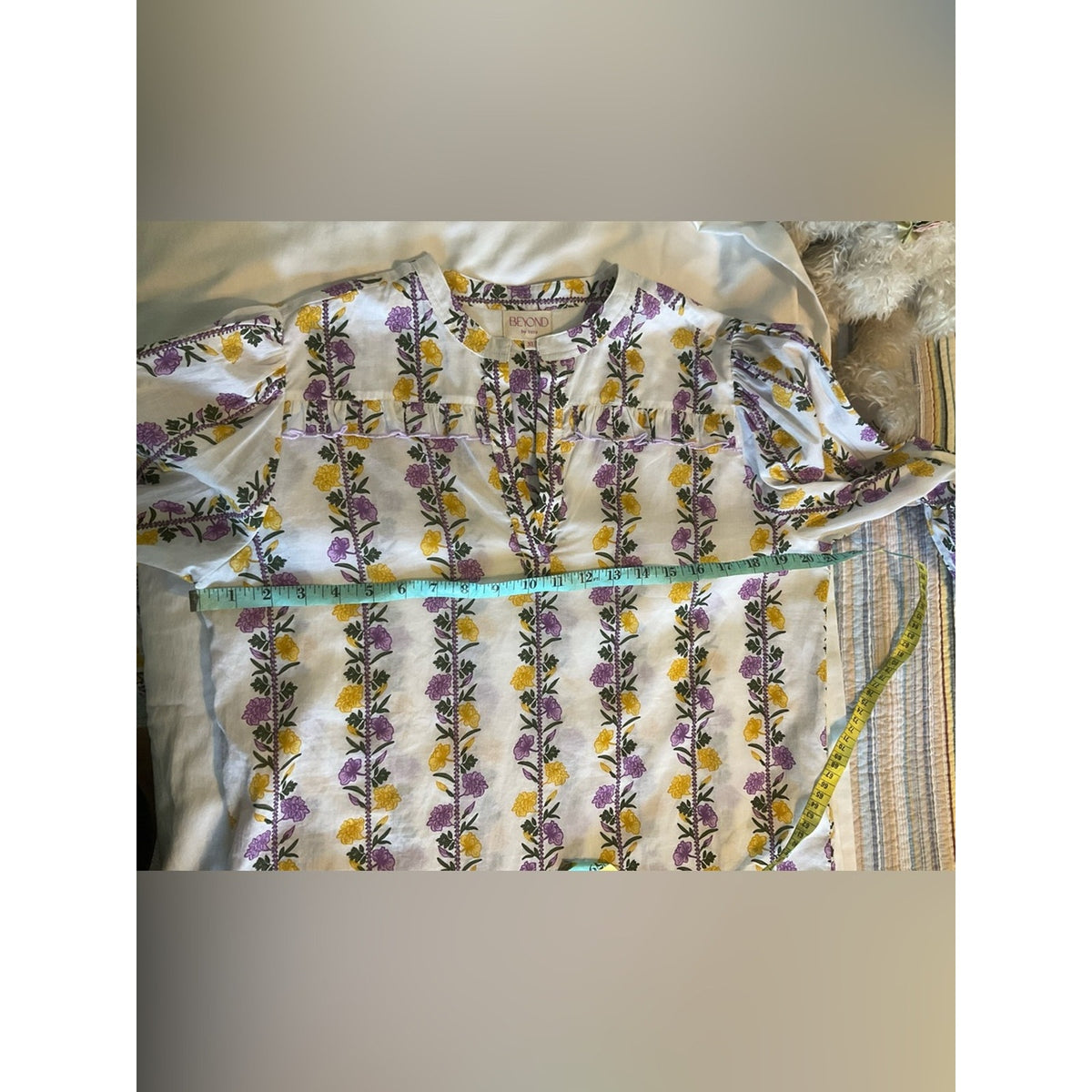 BEYOND by Vera White Floral Ruffle-Trim Blouse in Purple & Yellow