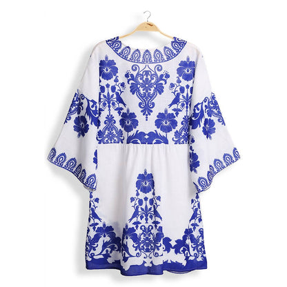 Fashion City - Floral Print Summer Cover-Up Dress: ONE SIZE / Blue