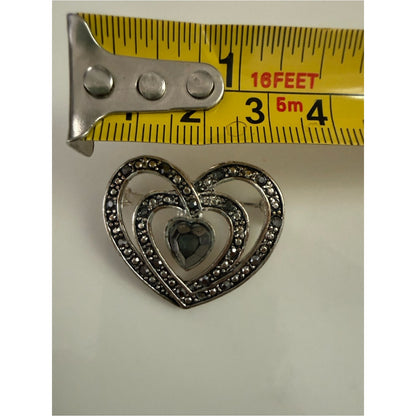 Vintage rhinestone Heart shape silvertone Filigree Brooch with gray/black Stones