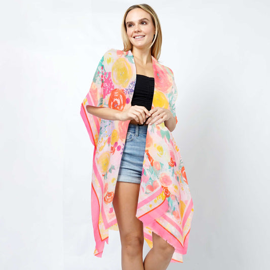 Fashion City - Floral Print Summer Kimono Cover-Up: ONE SIZE / CO