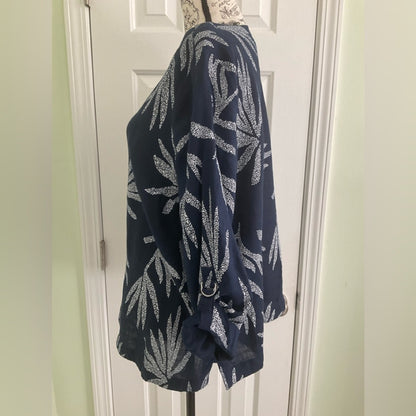 Charter Club Linen Navy Blue Leaf Print Blouse