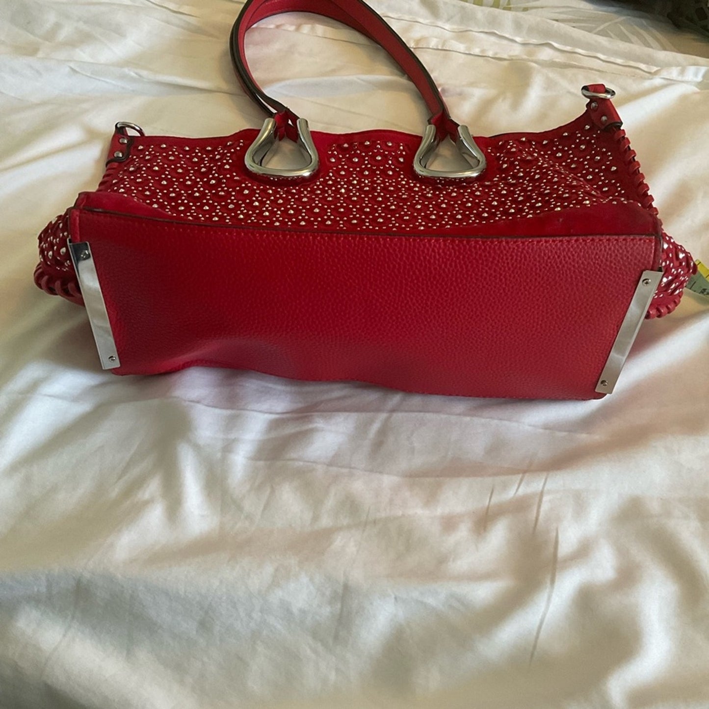 Red Handbag with silver studs and silver trim